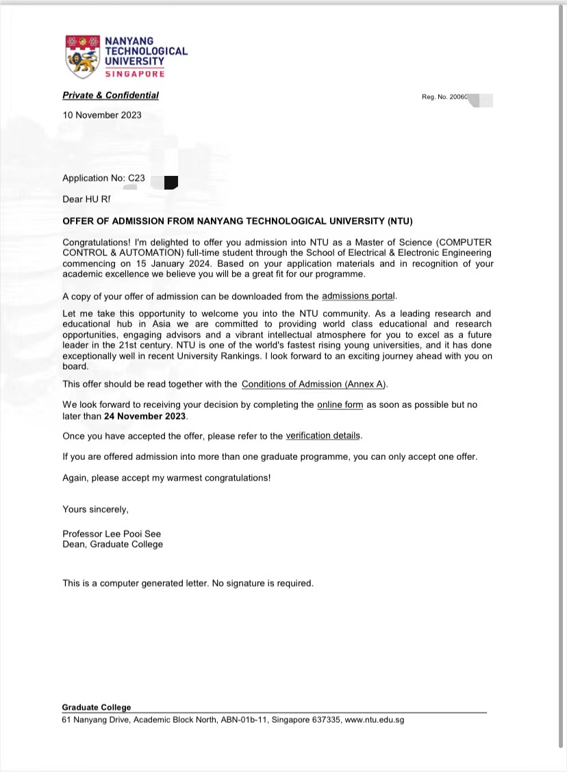 祝贺胡同学获得新加坡南洋理工计算机控制与自动化和电子学硕士两枚录取通知书！