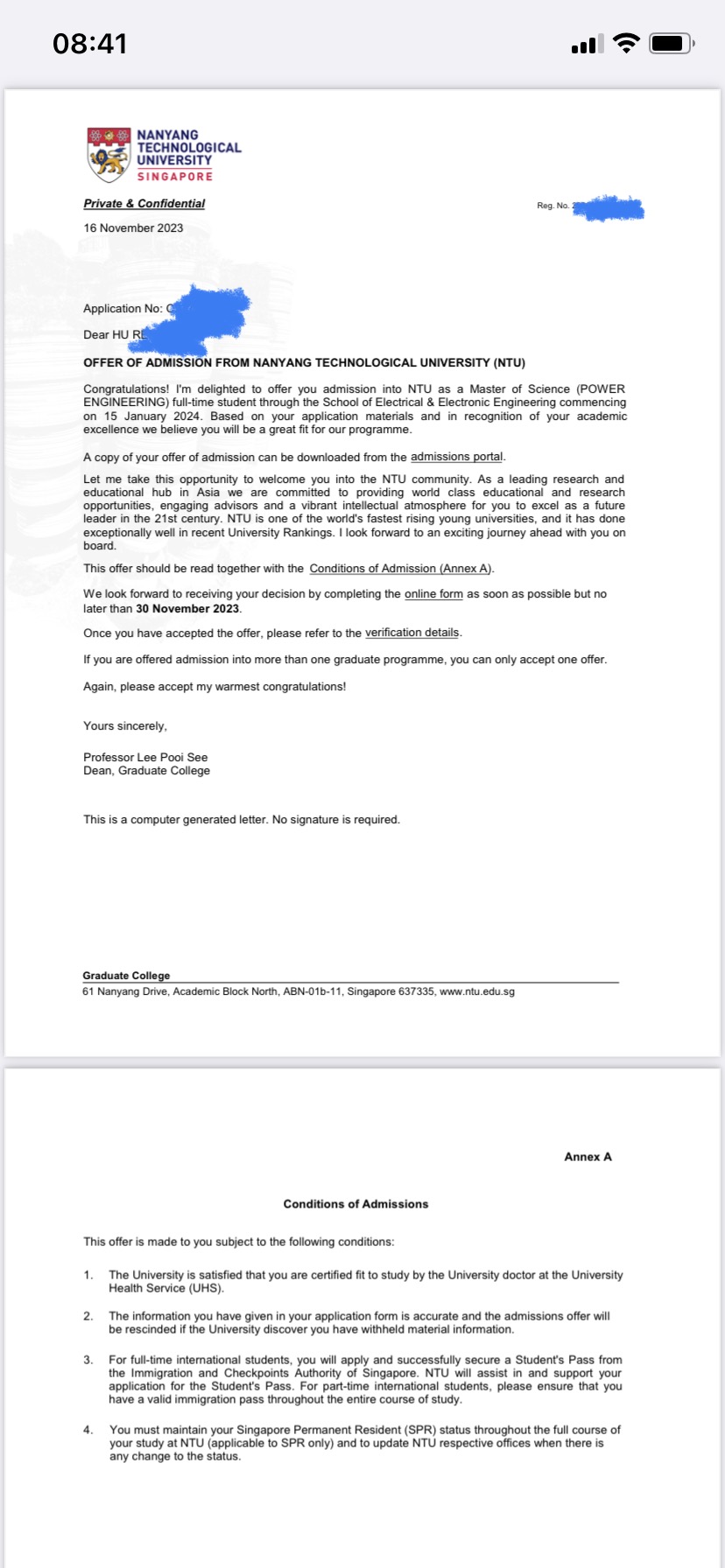 恭喜胡同学获得第三枚新加坡南洋理工大学录取通知书！！！