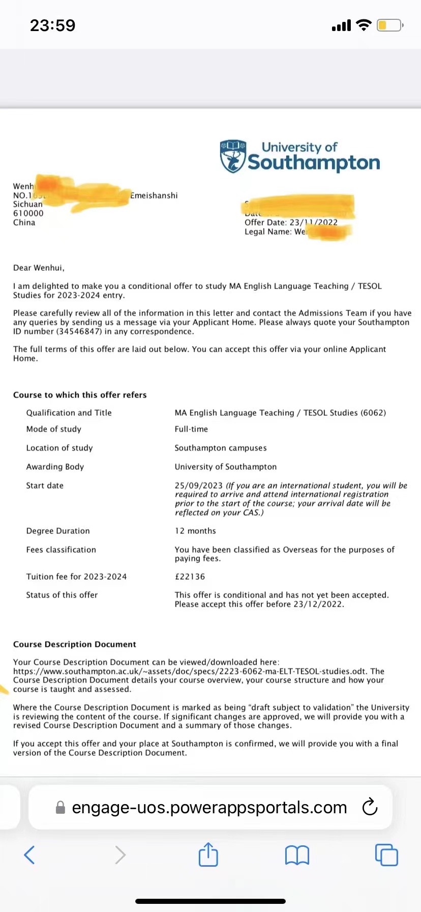 恭喜依达美学员（独立学院二本学生）获得南安普顿大学英语教学TESOL硕士录取通知书