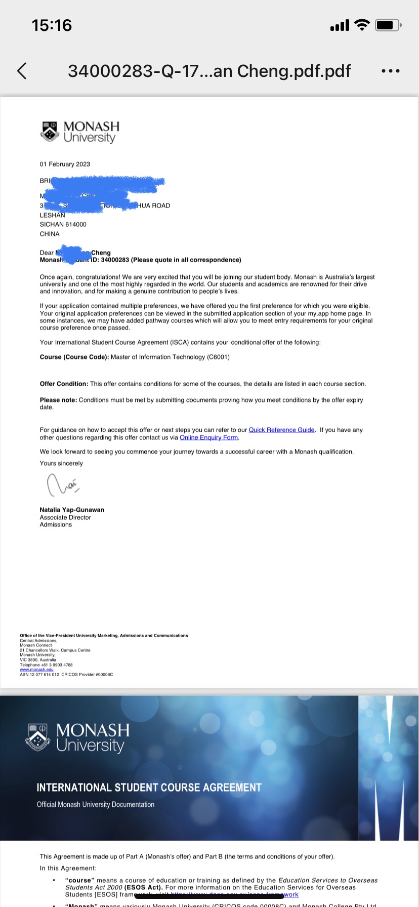 澳大利亚莫纳什大学信息科技硕士录取通知书！！！