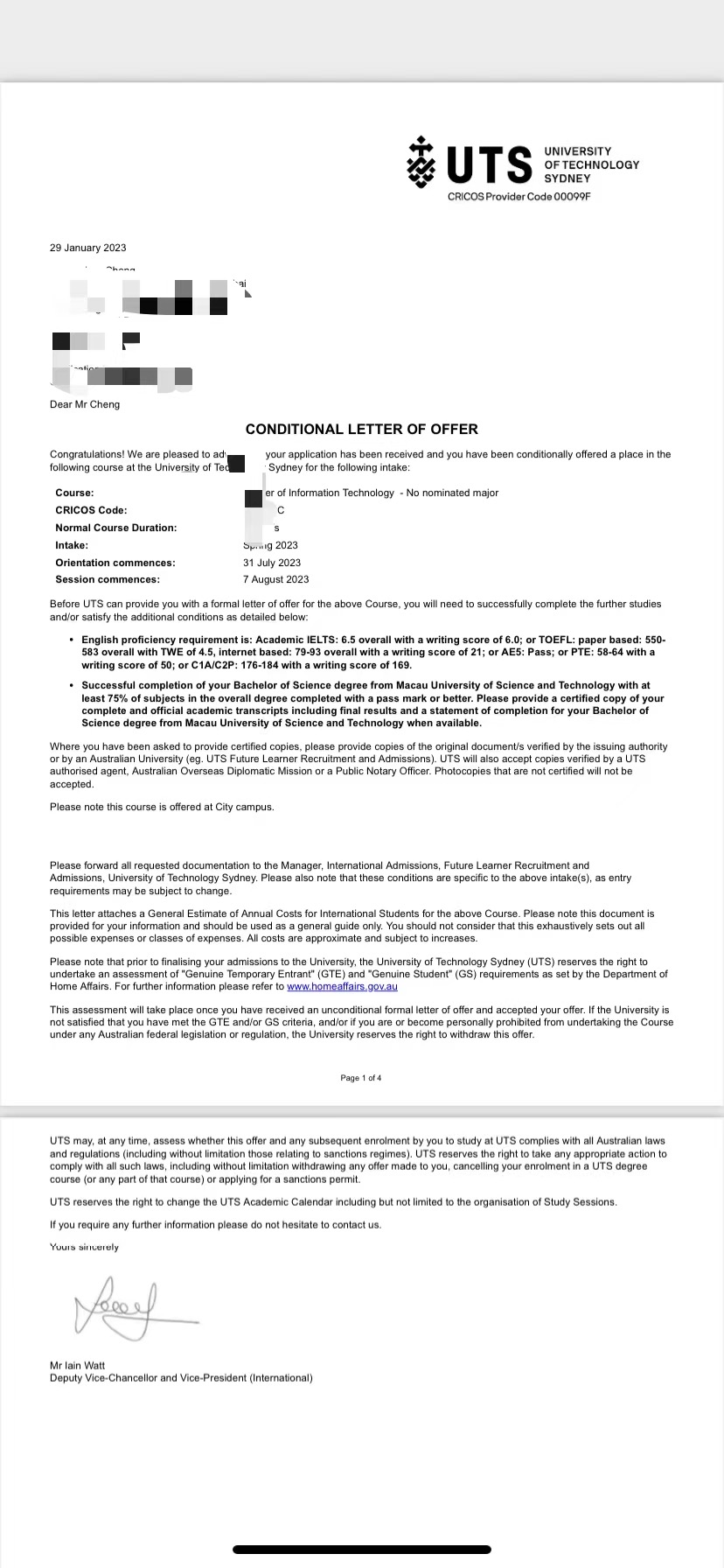 祝贺程同学获得悉尼科技大学信息技术硕士录取通知书！！！