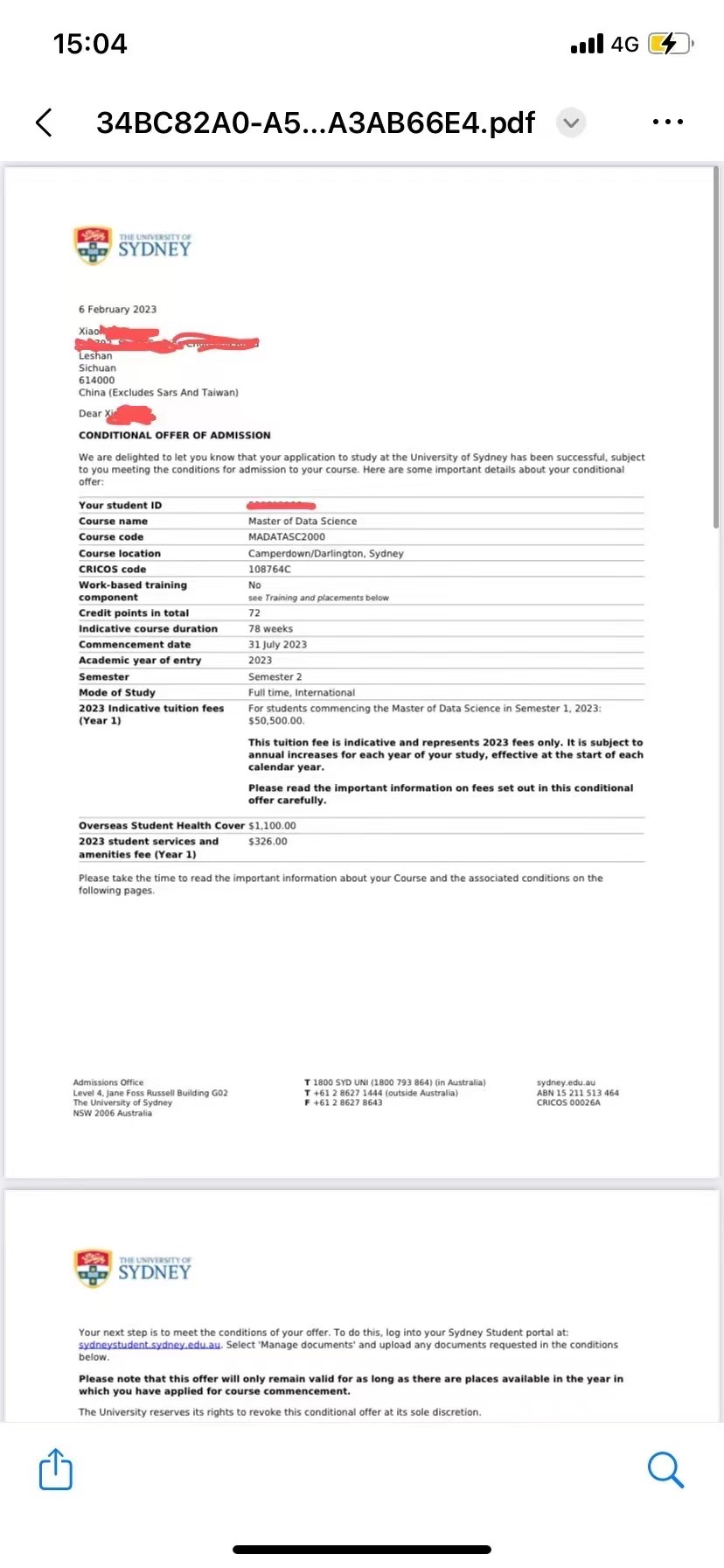 恭喜陈同学获得澳大利亚悉尼大学数据科学硕士录取通知书！！！