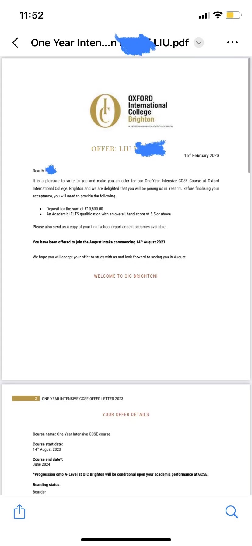 祝贺刘同学获得誉为“牛剑收割机”英国牛津国际高中录取通知书！！！！！