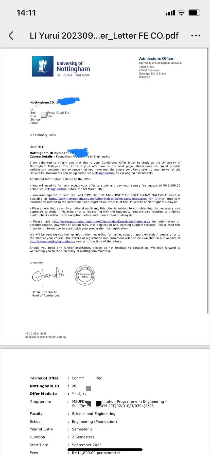 祝贺李同学获得诺丁汉大学马来西亚校区录取通知书！！！