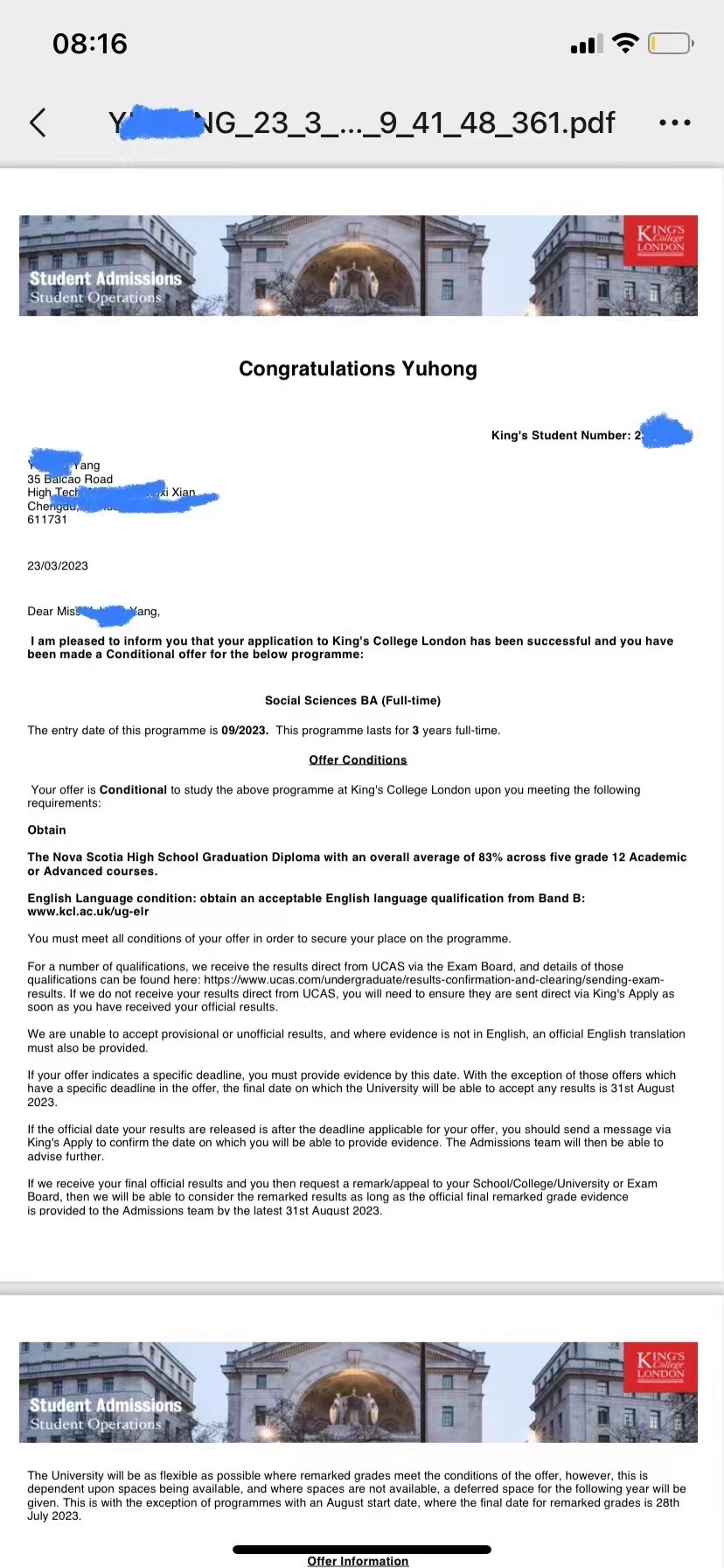 斩获英国伦敦国王学院本科录取通知书！！！