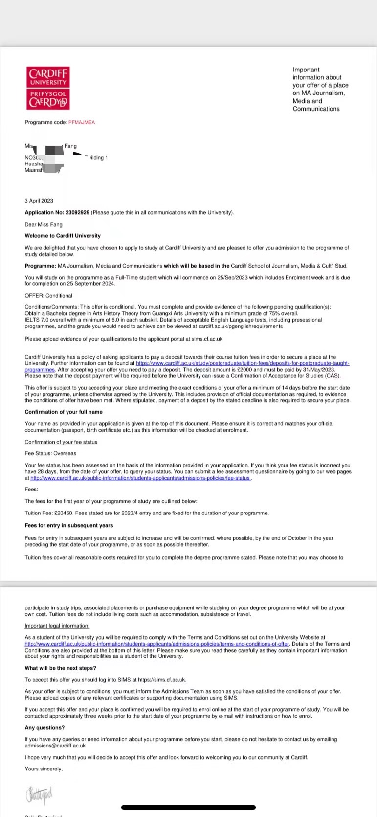 恭喜方同学获得卡迪夫大学传媒硕士录取通知书！！！