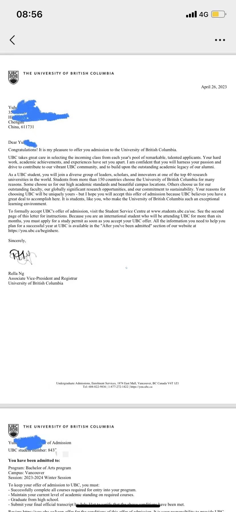 恭喜杨同学获得加拿大UBC大学本科录取通知书！！！