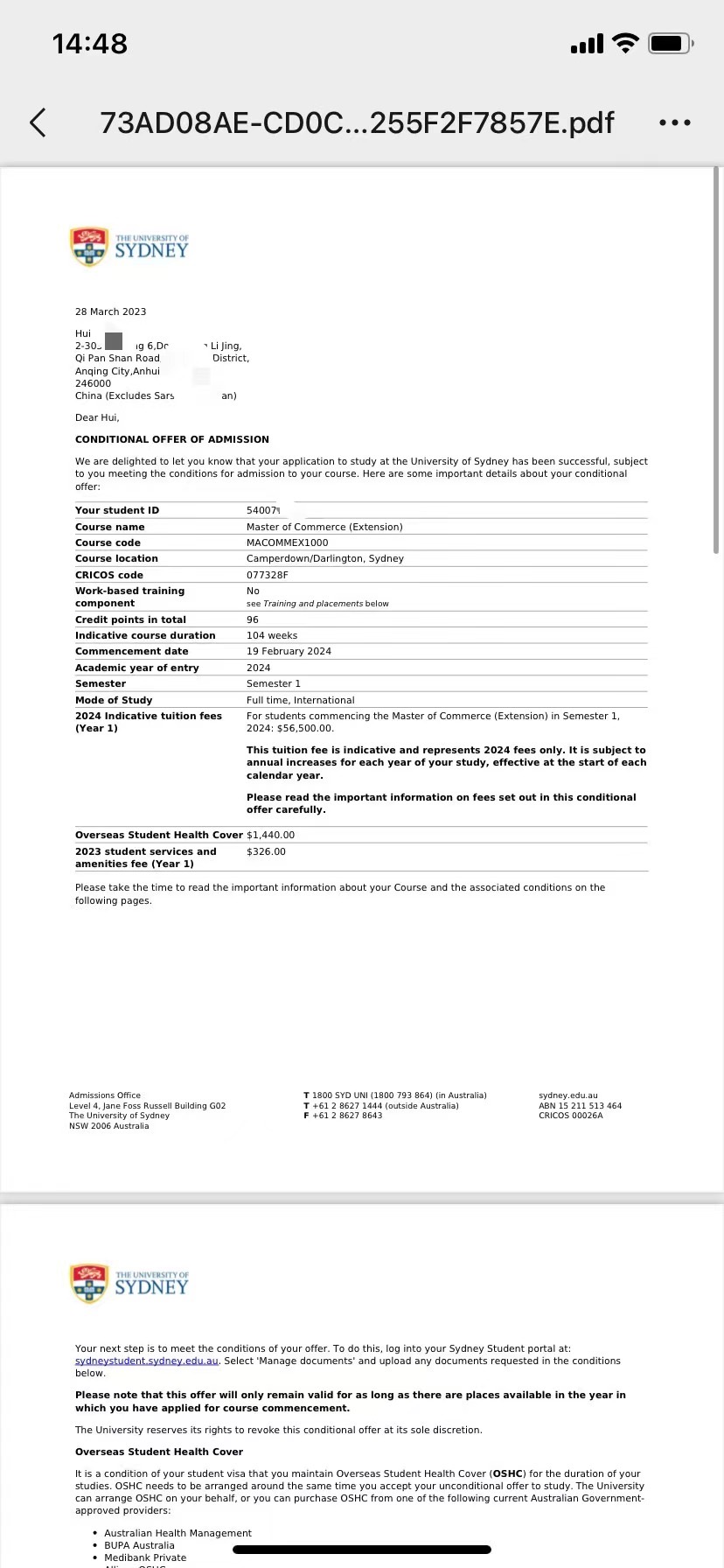 恭喜葛同学获得悉尼大学商业硕士录取通知书