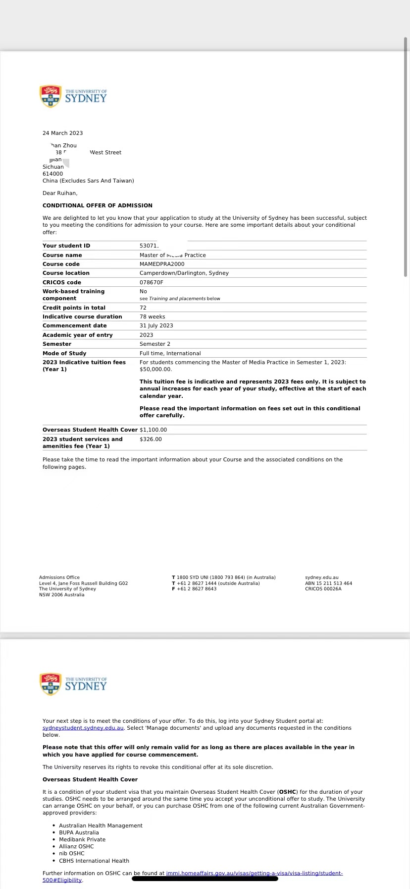 恭喜周同学获得悉尼大学媒体实践硕士录取通知书！