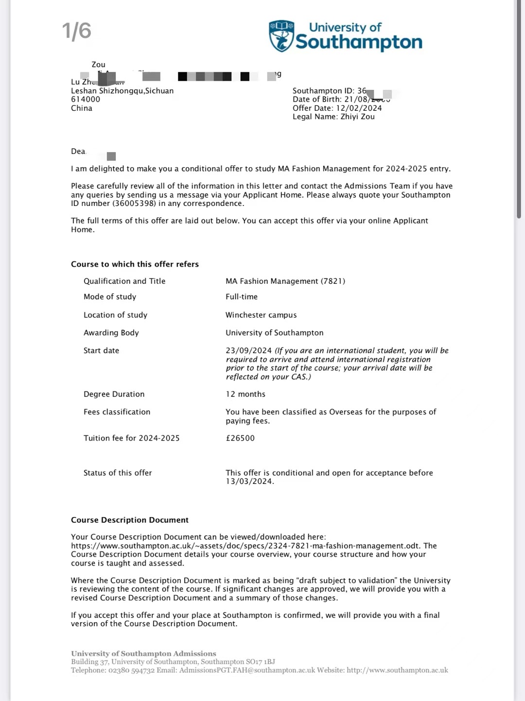 祝贺邹同学获得英国南安普顿大学获得时尚管理硕士录取通知书！！！