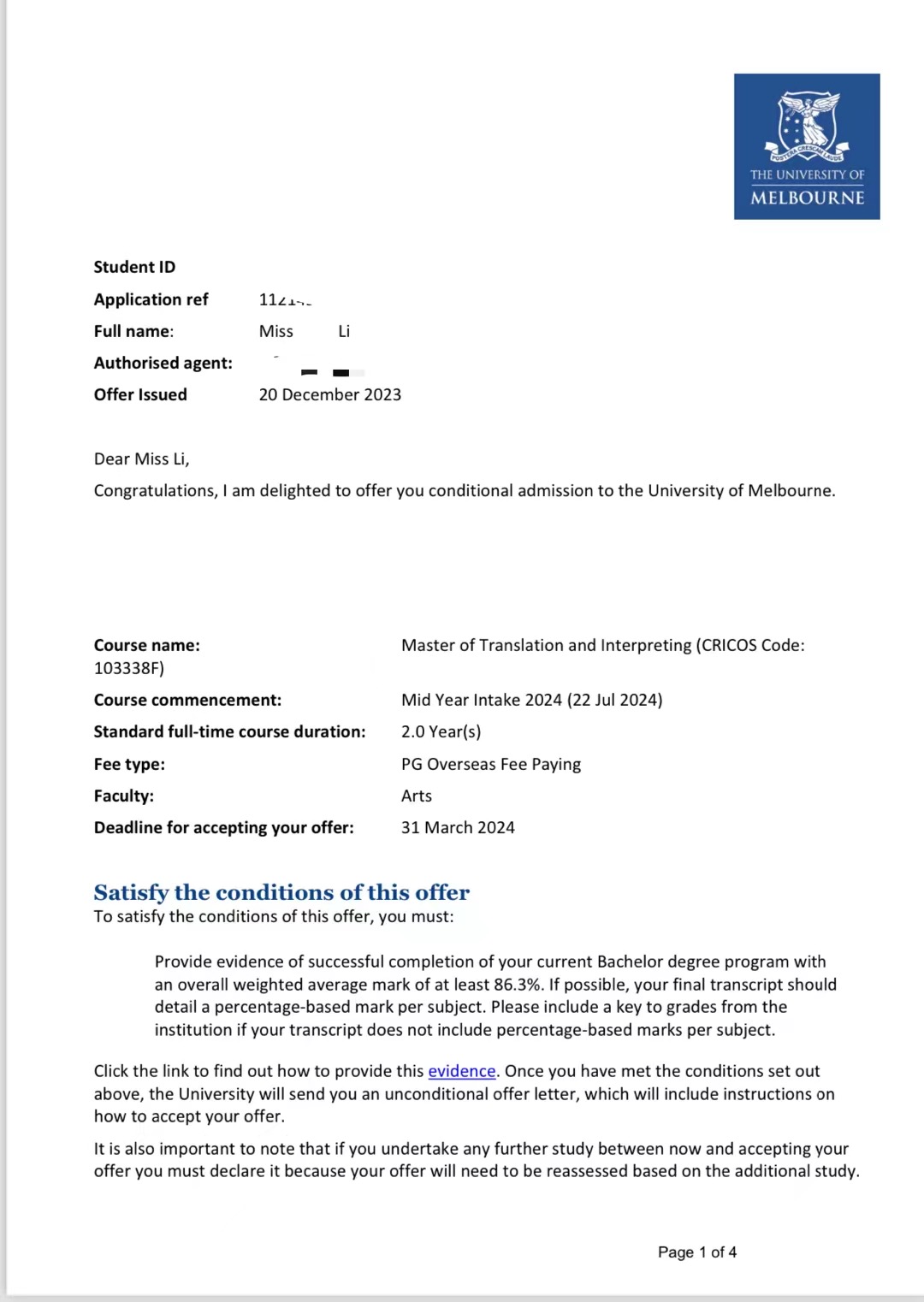 祝贺李同学获得澳大利亚墨尔本大学翻译硕士录取通知书！！！